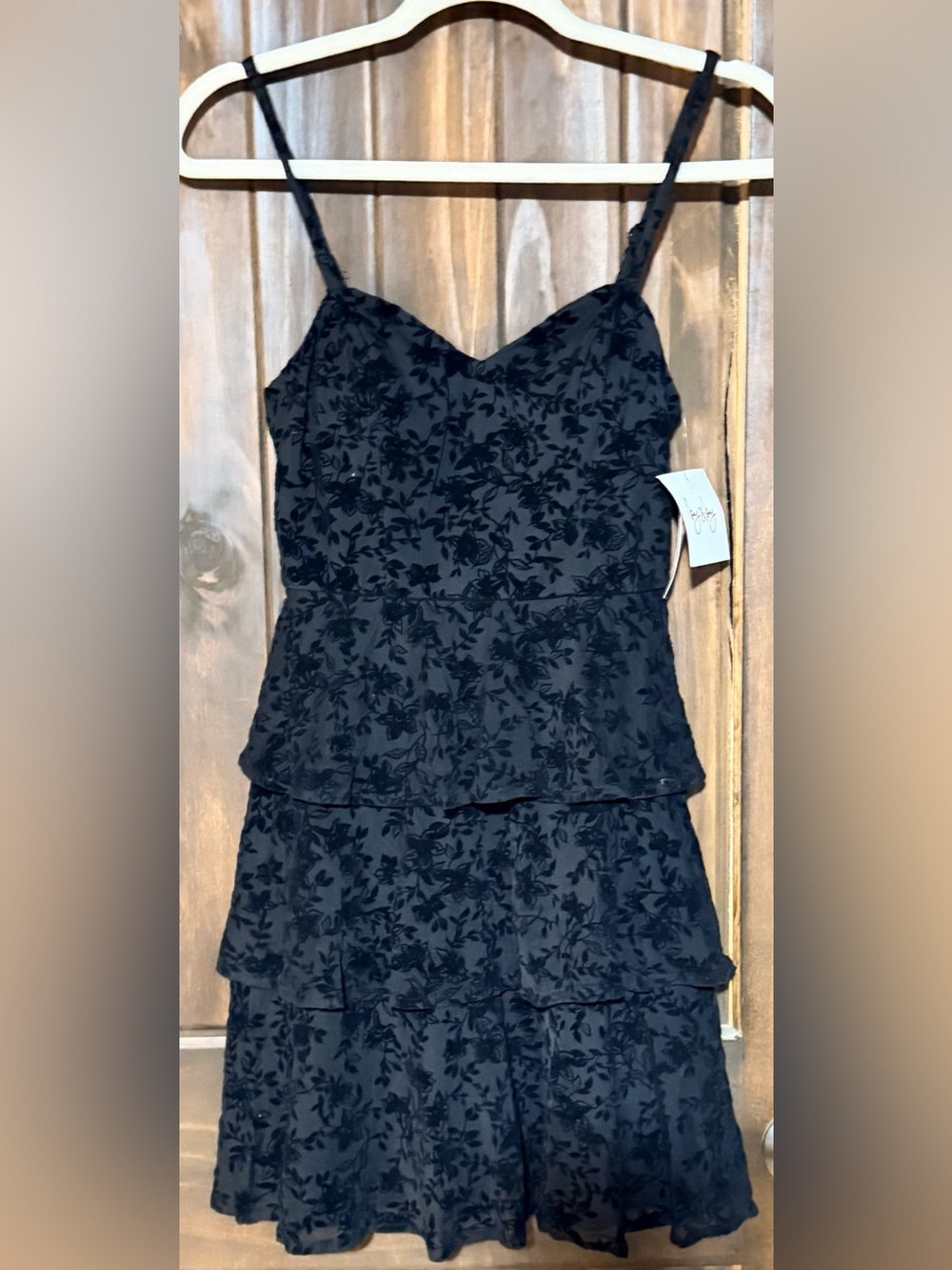 by & by Black Floral velvet Tiered Spaghetti Strap Mini Dress